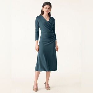 OGL LiteWarm Slimming Surplice 3/4 Sleeve Midi Dress in Forest Night size MP
